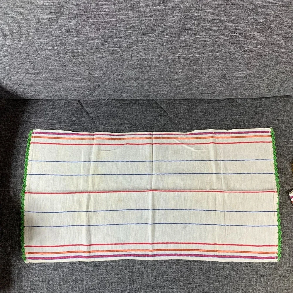 Vintage Kitchen Towels with Stripes Crochet Trim Set of 2 Green Beige Trim